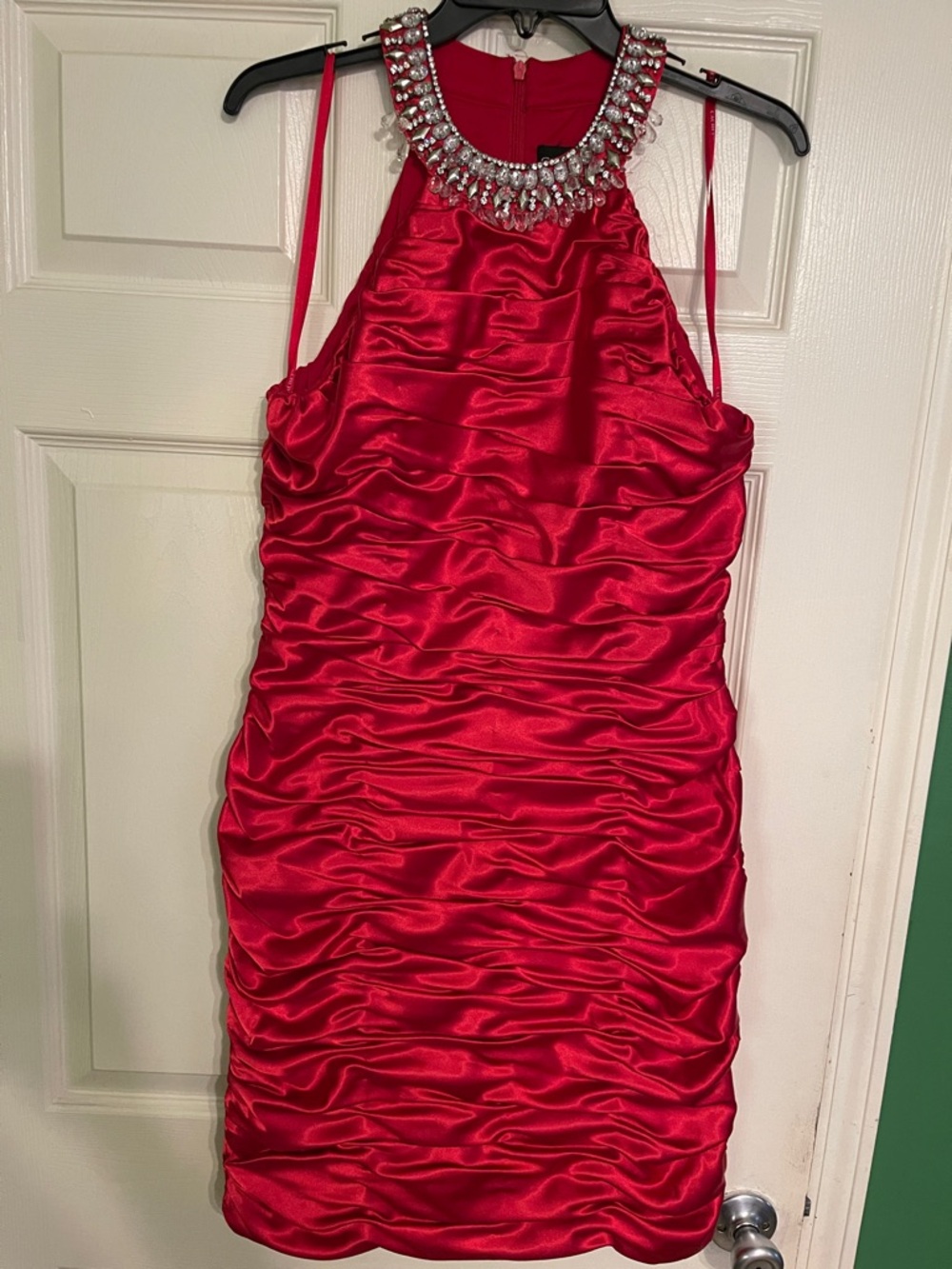 Cachet Red Ruched Satin Halter Dress with Jeweled Neckline